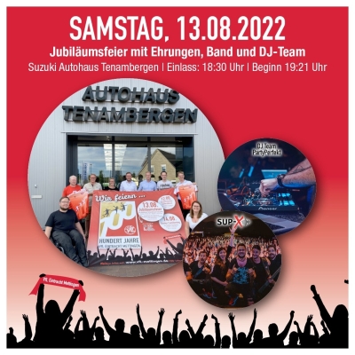 Jubiläumsfeier am Samstag (13.08.) mit Ehrungen, Band und Dj-Teams